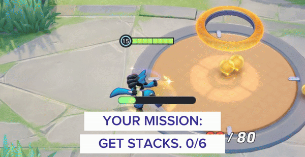 Gif of Lucario scoring 4 goals one after another with text reading: Your mission: Get Stacks. There is a counter that goes up each time Lucario scores.