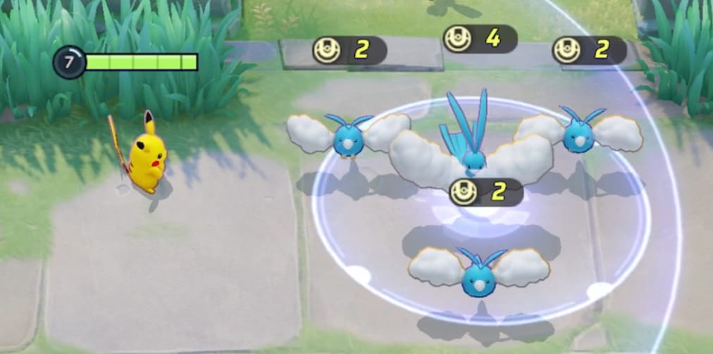 Piachu targeting a group of swablu's with an AoE attack.