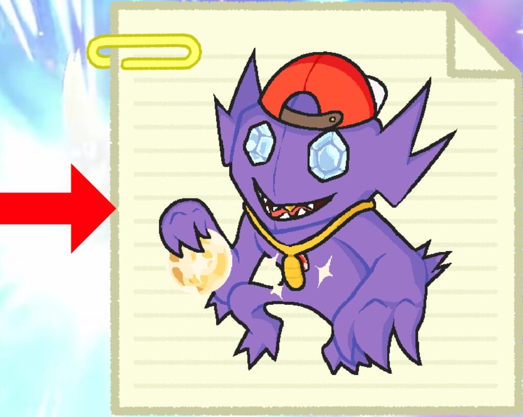 A red arrow pointing to a drawing of Sableye with his hat on backwards, wearing a gold chain and holding some Aeos energy.