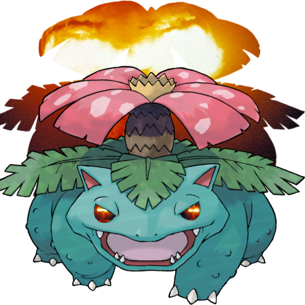 Venusaur with a shadow full of mushroom clouds, eyes also replaced with mushroom clouds.